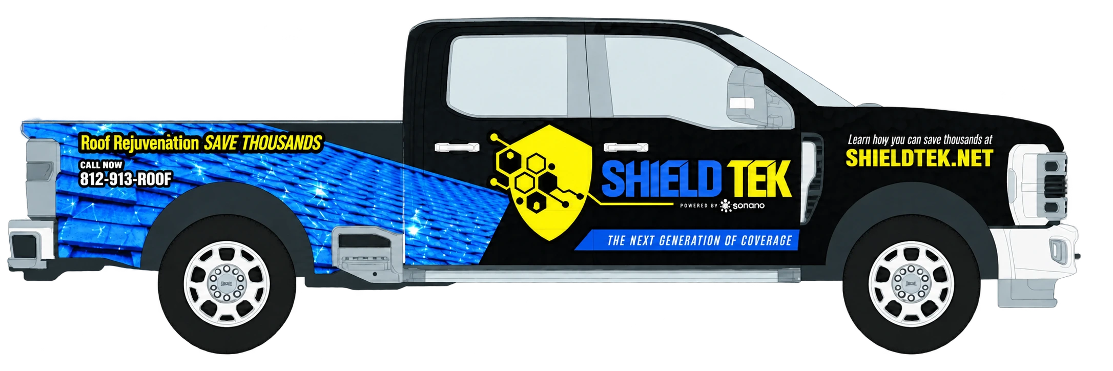 ShieldTek branded blue, yellow and black service truck